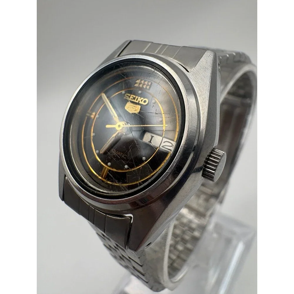 Vintage Seiko 5 Ladies Automatic Watch 4206-0660 Black racing Checkerboard Dial